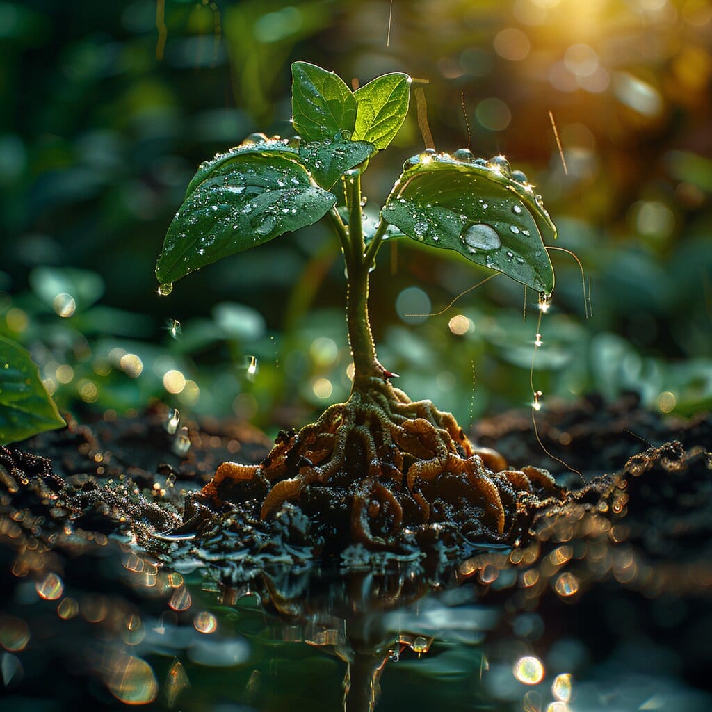 Green plant with roots in soil, water droplets, sunlight.