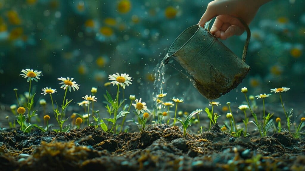 Hand planting chamomile seeds, watering can, sunshine, and greenery