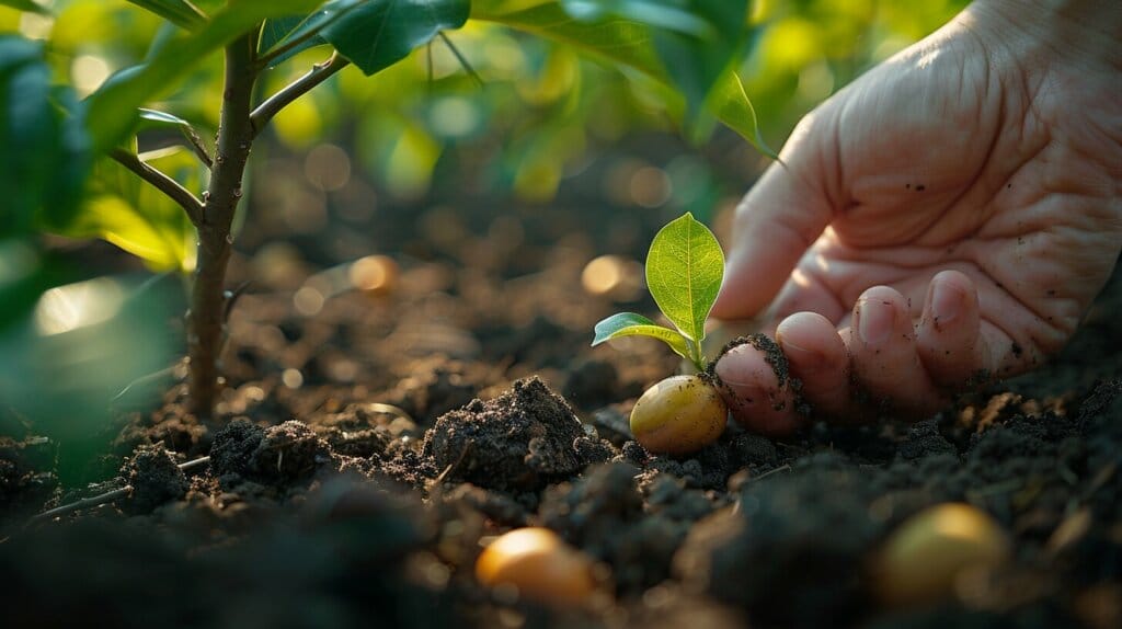 Hand planting macadamia seed in nutrient-rich soil.