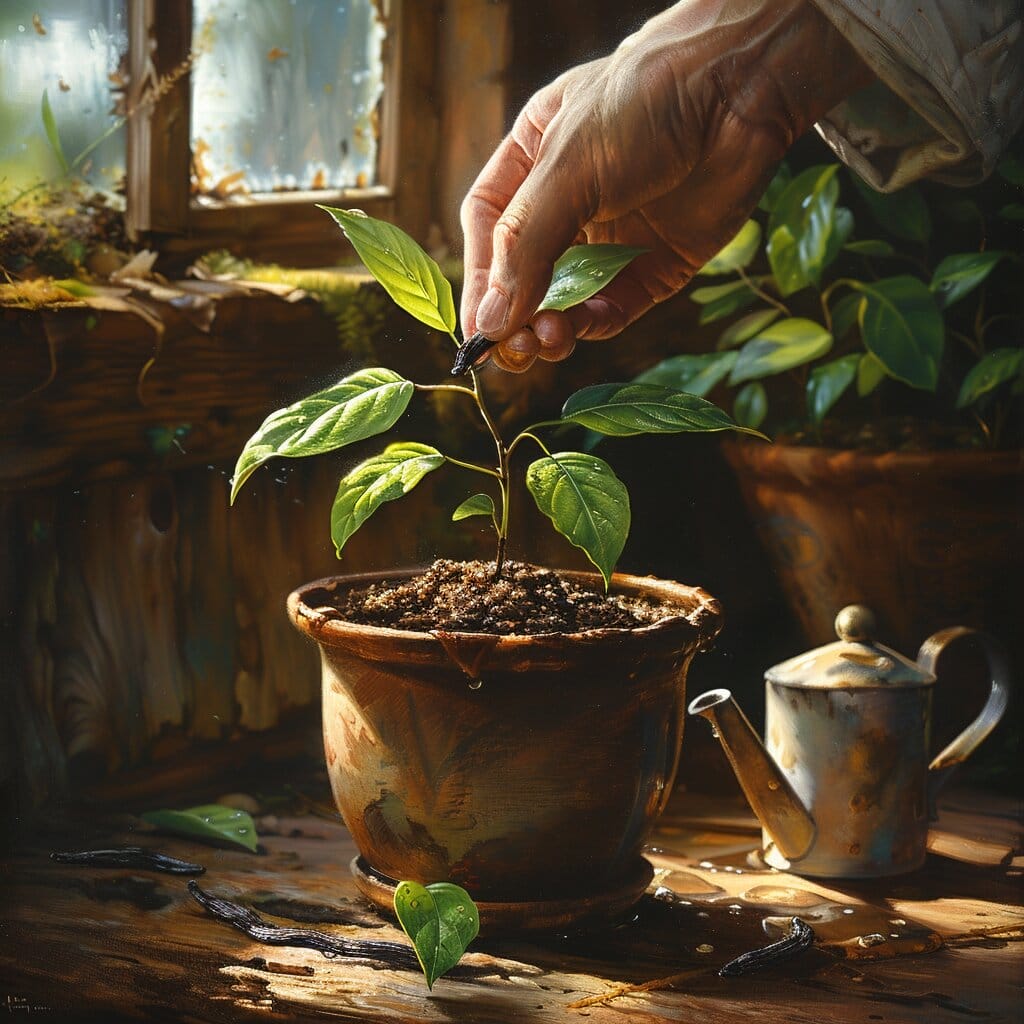 Hand planting vanilla bean seeds in soil-filled pot by sunny window.