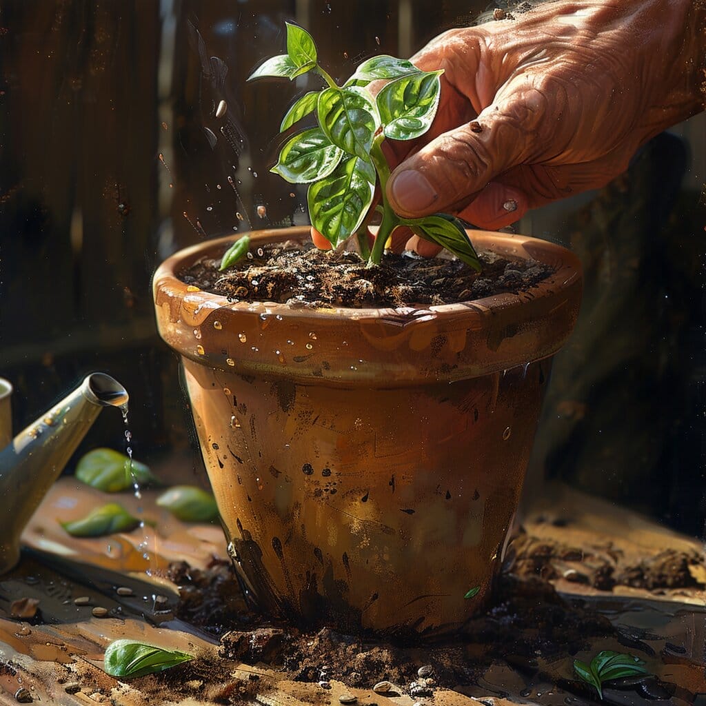 Hand planting vanilla bean seeds in terracotta pot.