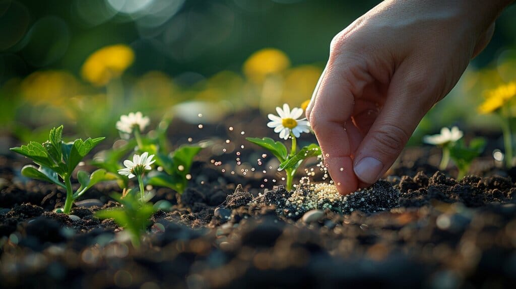 Hand sprinkling chamomile seeds into moist soil in sunny garden