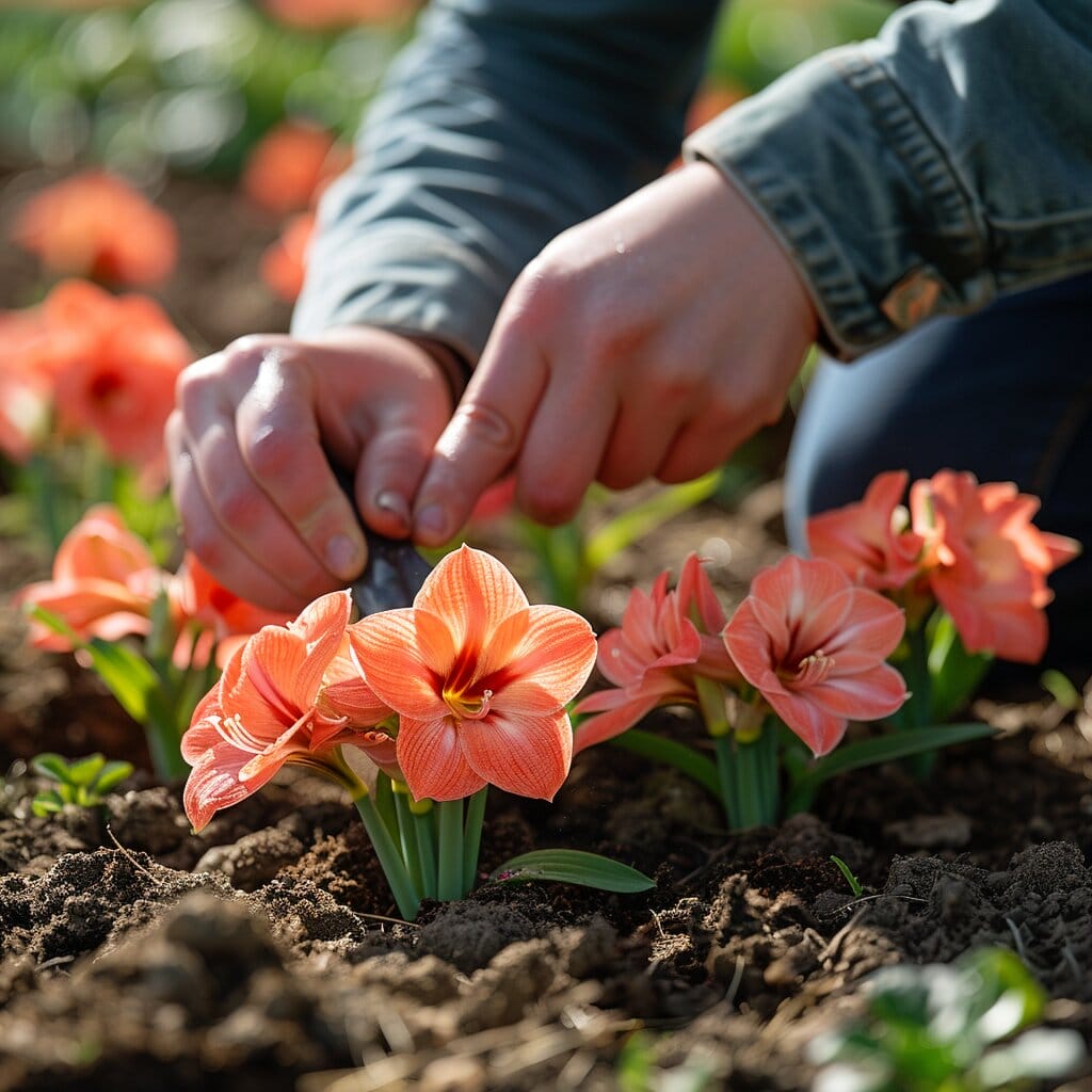 Hands planting amaryllis bulbs in sunny garden.