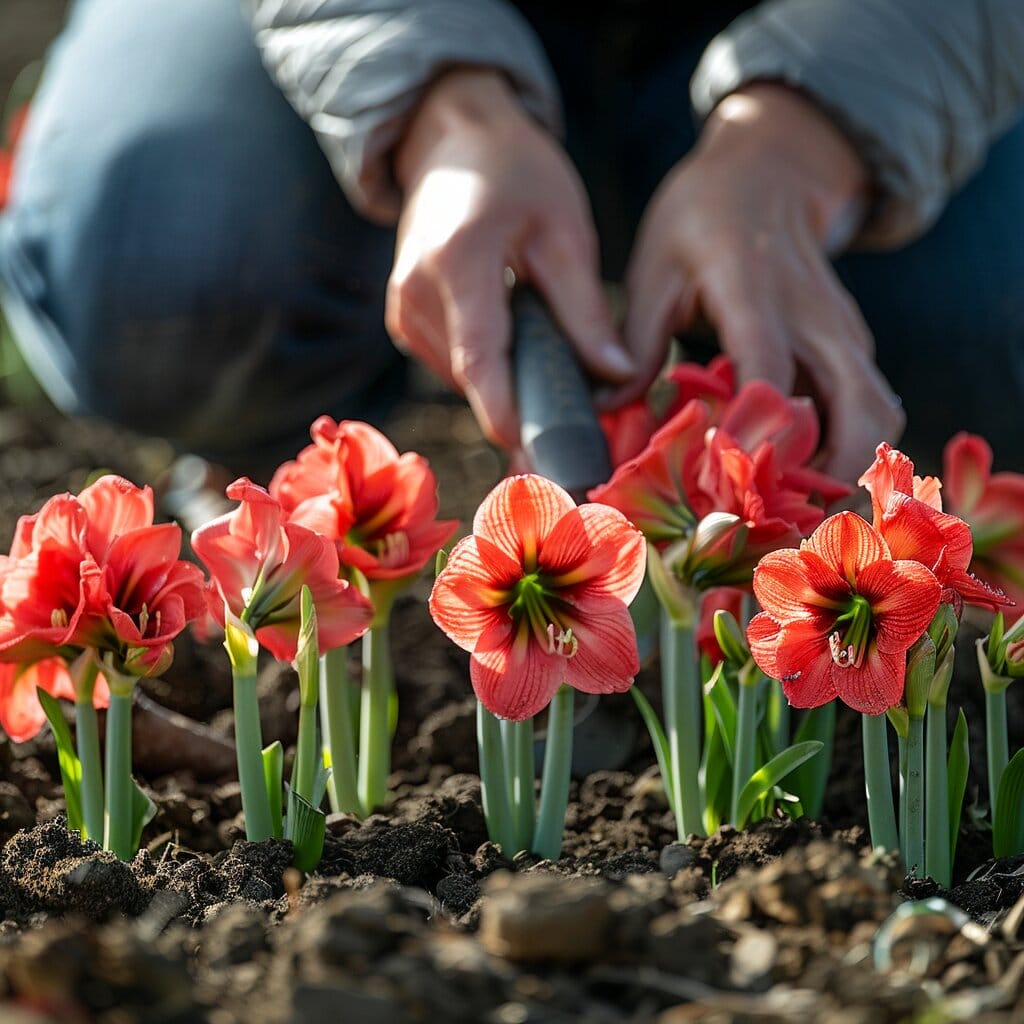 Hands planting amaryllis bulbs in sunny garden1.