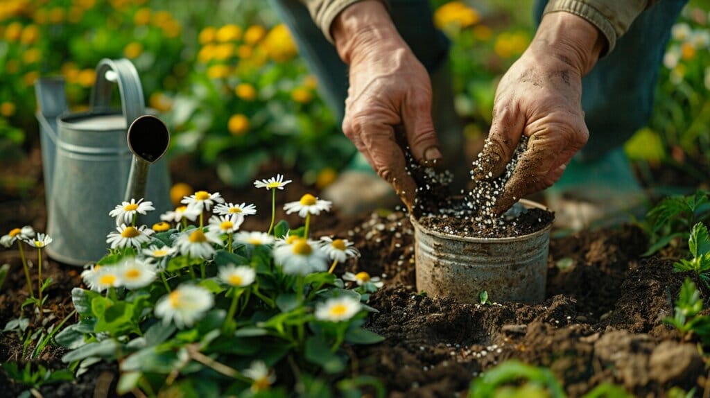 Hands planting chamomile seeds in spring sunlight, 2024 calendar, watering can