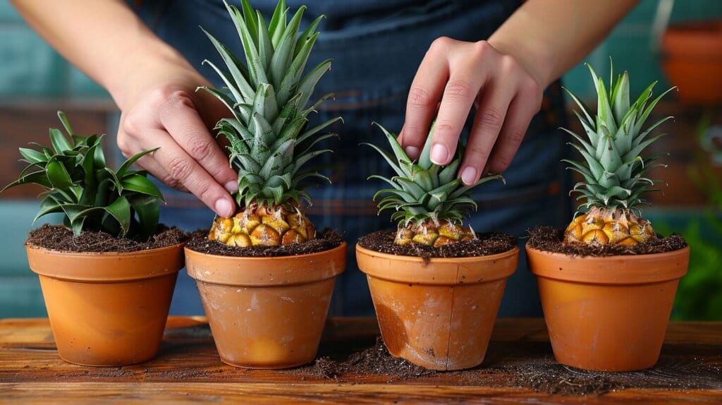 Hands planting pineapple top in pot, step-by-step.