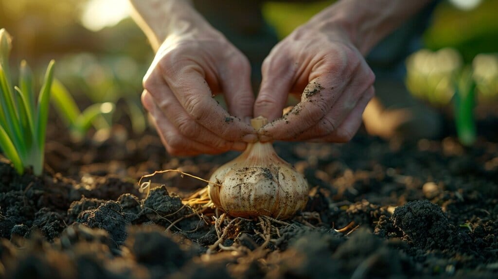 Hands replanting amaryllis bulb with gardening tools.