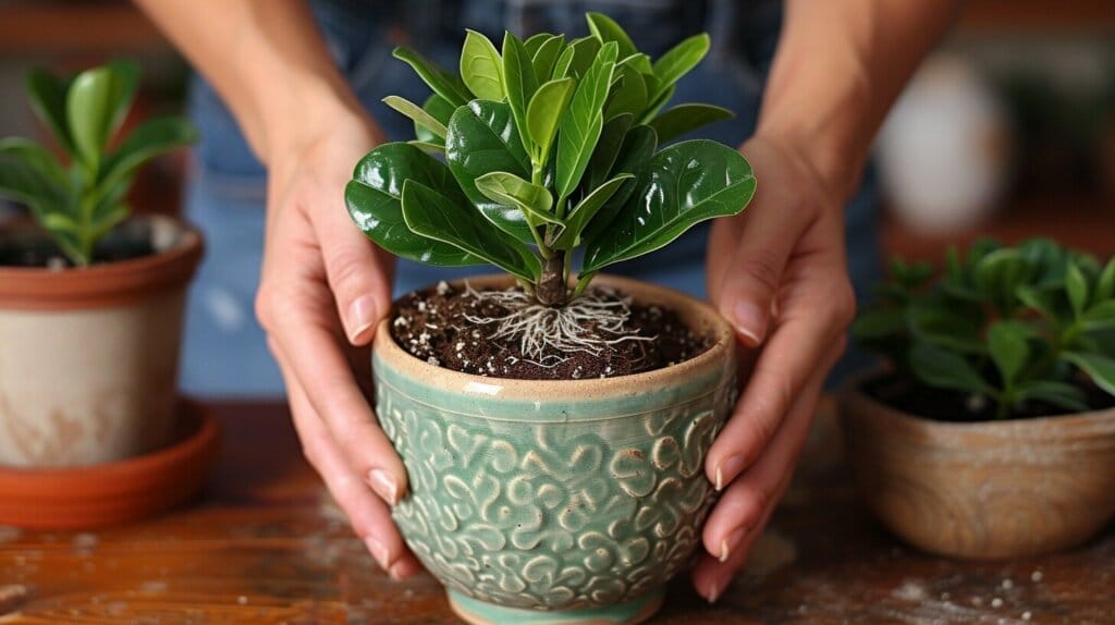 Hands repotting a ZZ plant, revealing healthy roots, with various soil mixes and a larger pot.