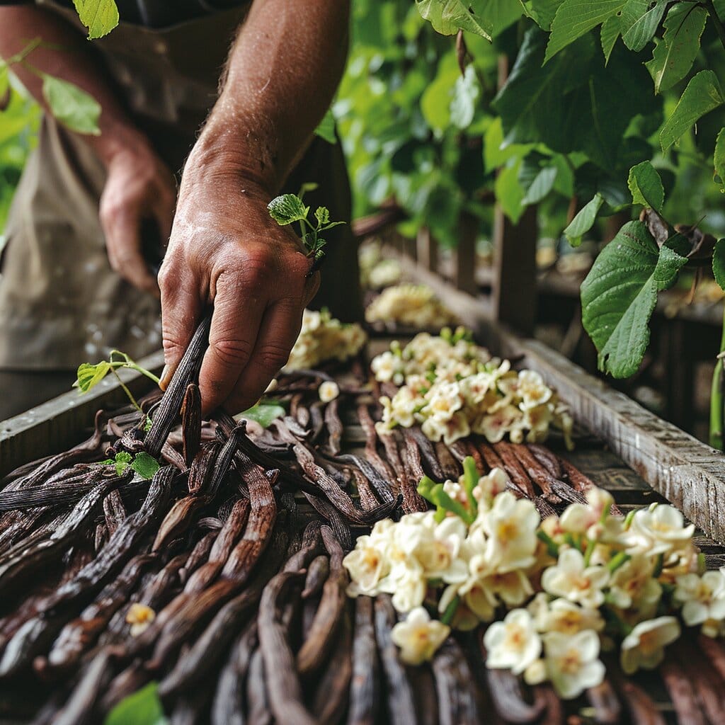 Harvesting ripe vanilla pods from green vine on wooden table.