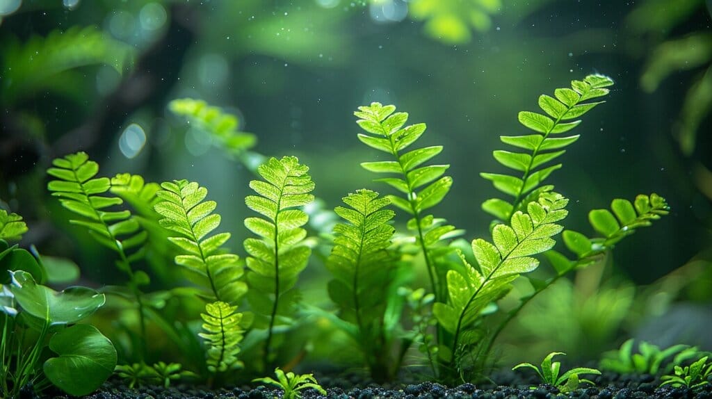 Healthy Java Fern anchored to driftwood in light.