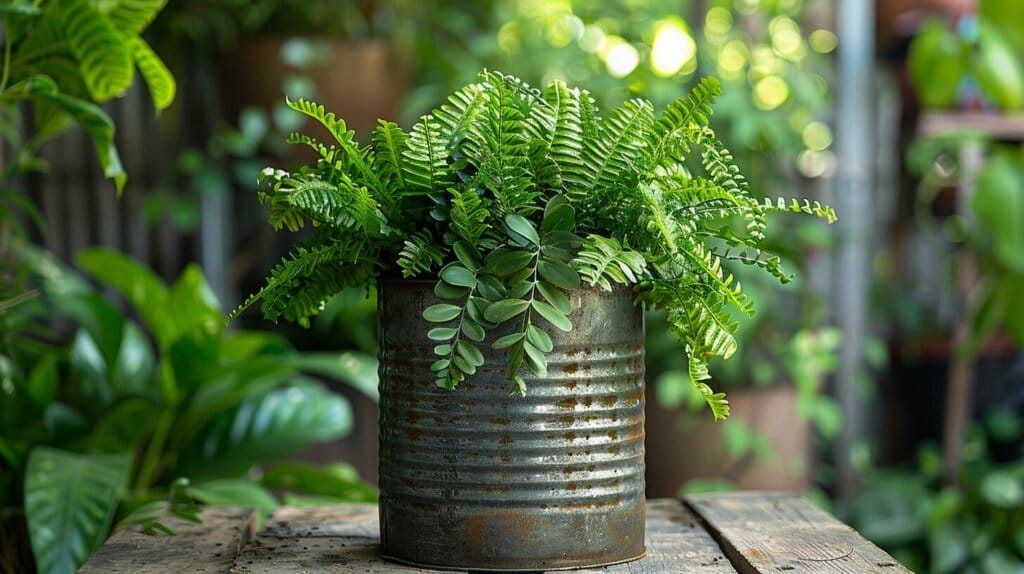Healthy zebra plant in a repurposed tin can planter amidst lush greenery.