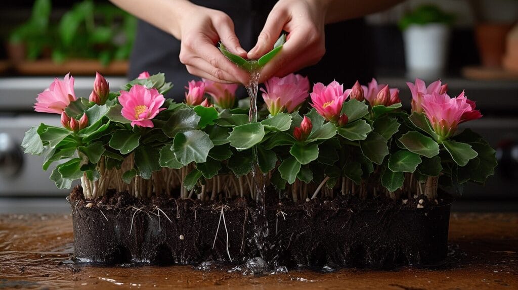 Image of a blooming Christmas cactus propagated in water, accompanied by propagation tools and materials.