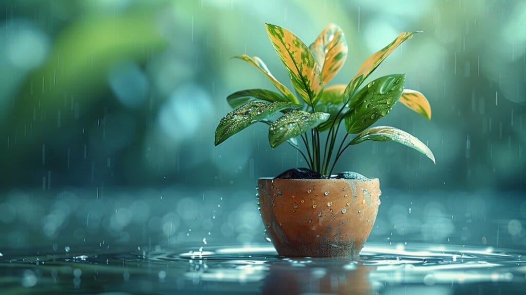 A healthy Zz plant with green leaves, a hand holding watering can, scissors, and fertilizer, and yellowing leaves around.   zz plant care yellow leaves
