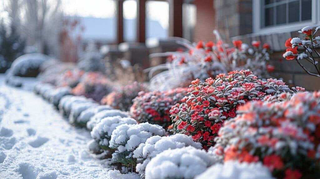 Individual plants, potted plants, and shrubs in a garden, each covered with frost cloth.