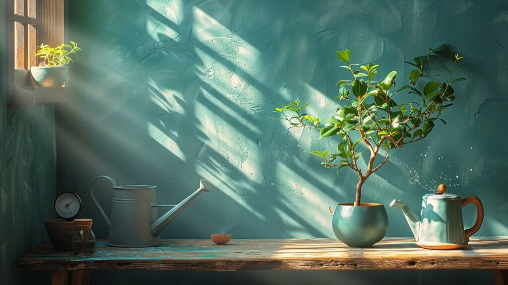Indoor Ficus tree with watering can, thermometer, and light meter indicating care needs.