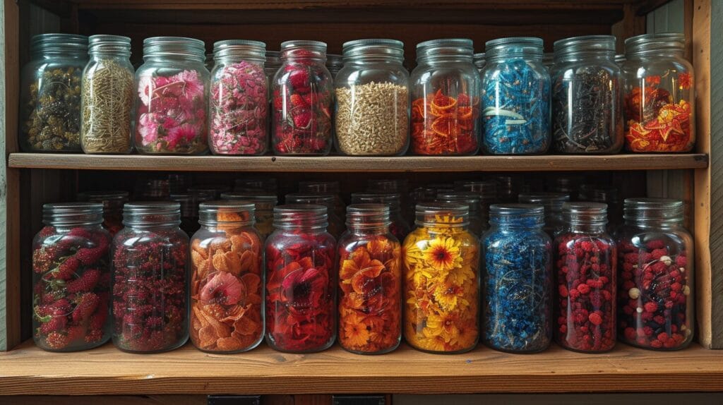 Labeled glass jars of heirloom seeds in a cool, dark pantry.