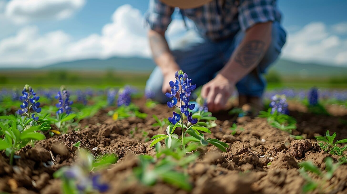 Lone figure planting seeds in vibrant bluebonnet field.