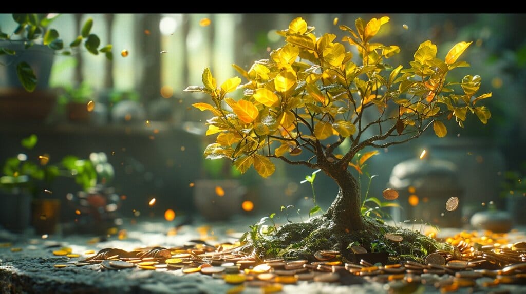 Money tree with yellow leaves and watering can in a bright room.