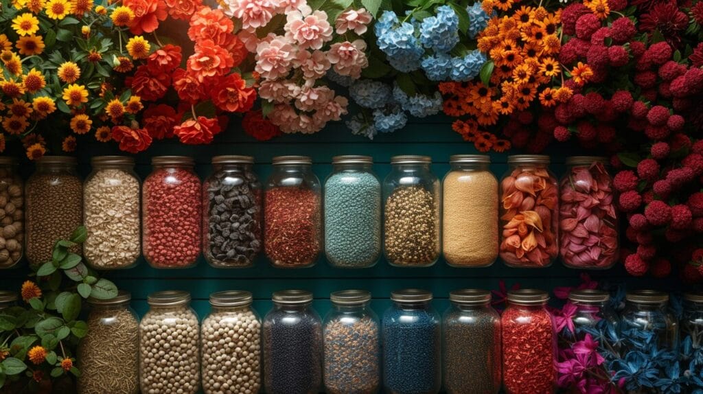 Organized heirloom seed packets in airtight containers, surrounded by colorful blooms.