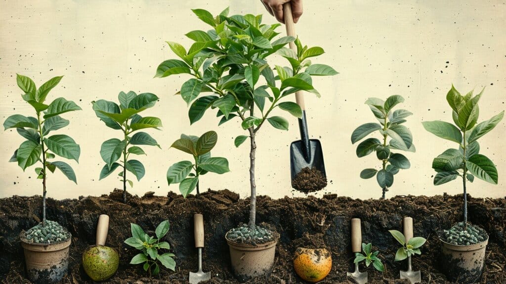Person planting guanabana tree with gardening tools.