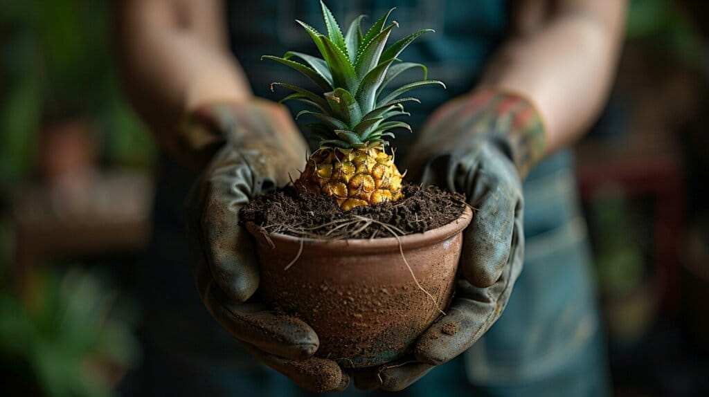 Person planting pineapple top in soil with gardening gloves.