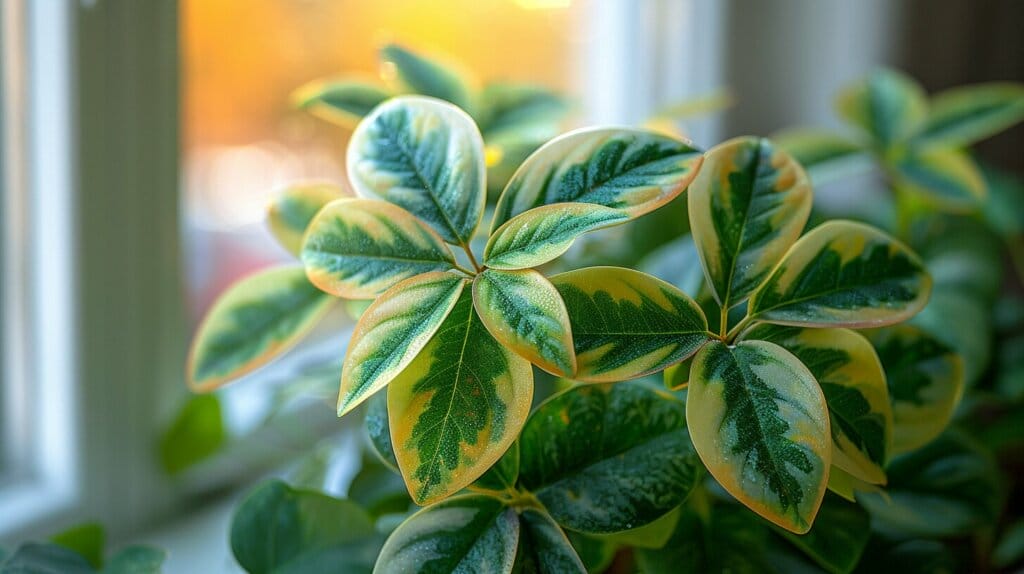 Yellowing umbrella plant by window with person adjusting humidifier.