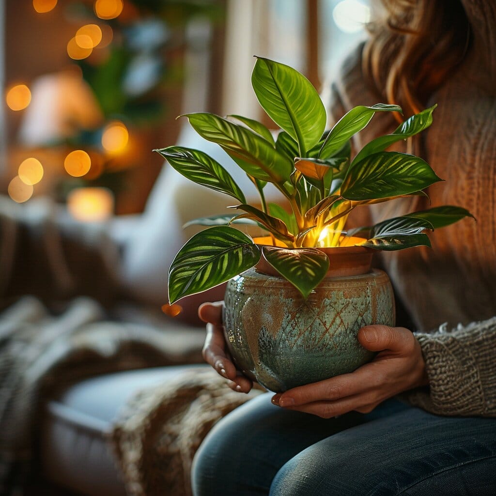 Person selecting a pot for Zebra Plant, placing it near an indirect light source in a cozy living room.