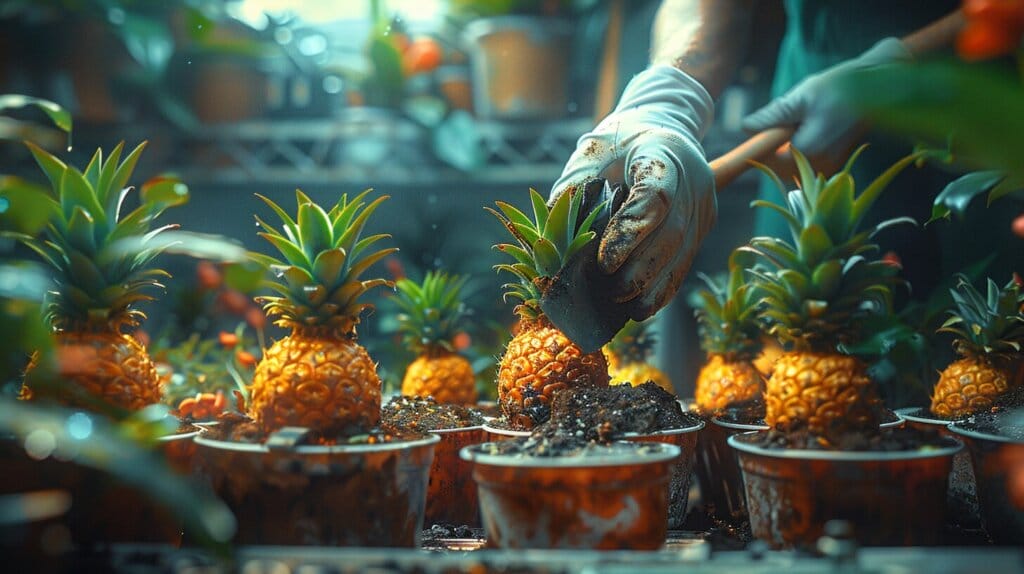 Person with gloves placing pineapple plant in pot.  How to plant a pineapple tree?
