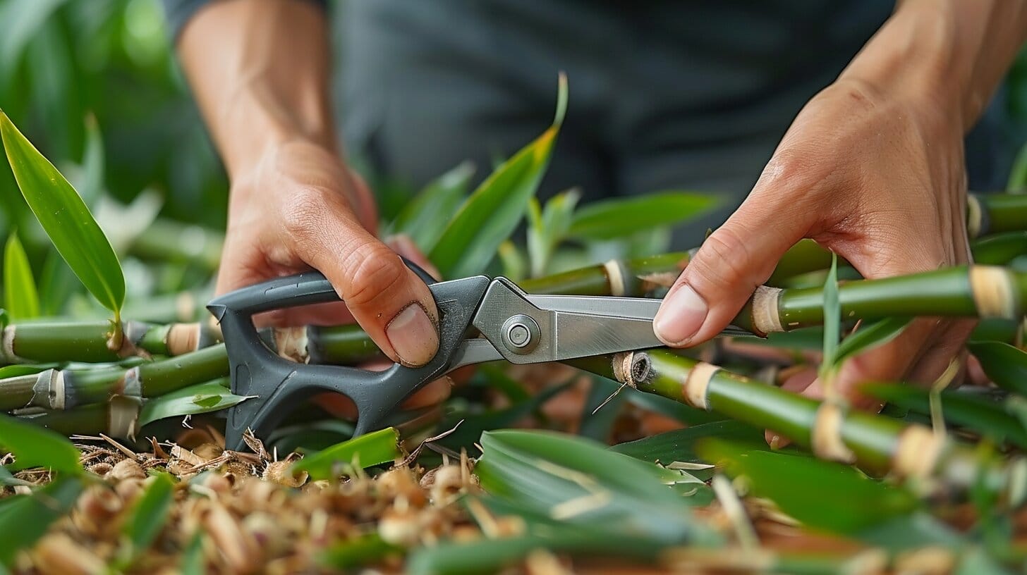 Pruning lucky bamboo with shears, workspace with cuttings.