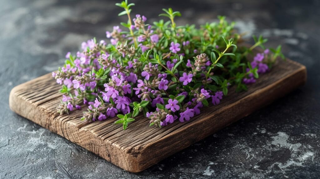 Purple and white fresh thyme flowers arranged on a wooden cutting board for culinary use.