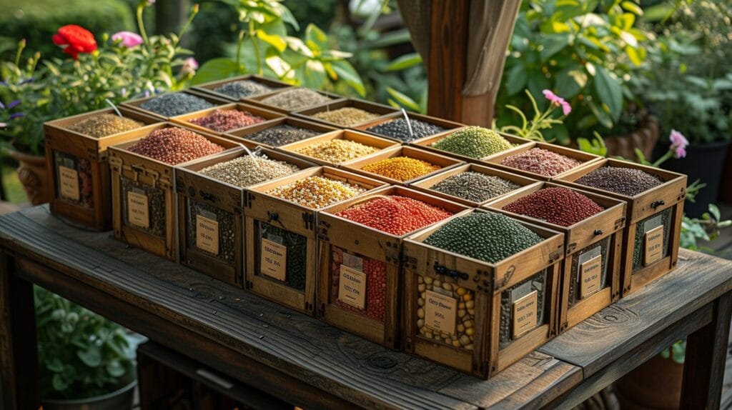 Rustic wooden box of labeled seed packets on a garden table, highlighted by sunlight peeking through nearby plants.