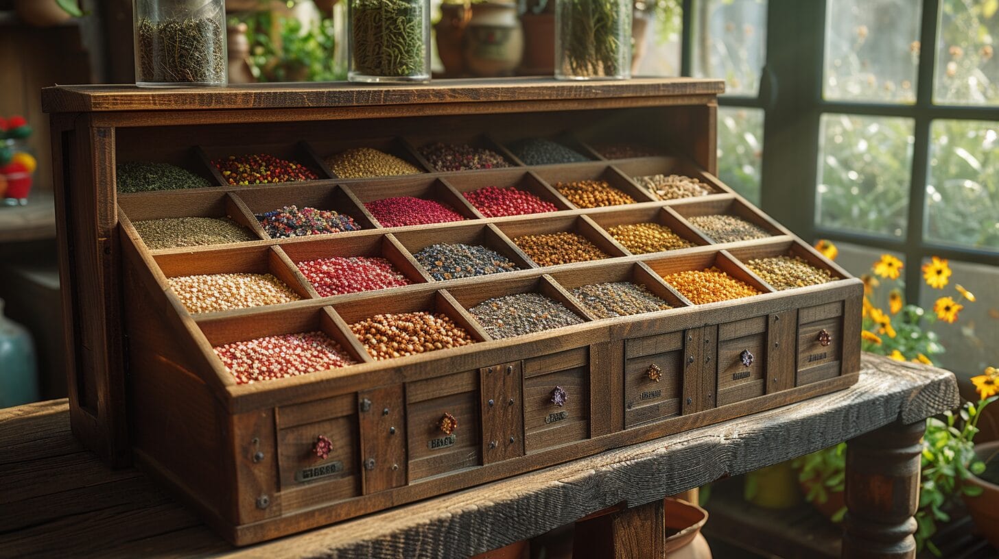 Sunlit rustic wooden seed storage box with diverse heirloom seeds.