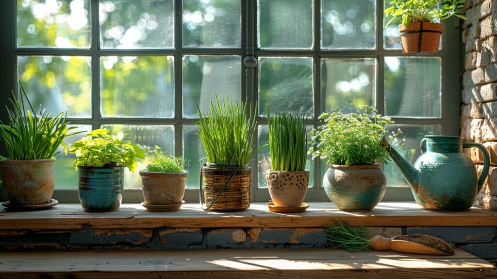 Sunny windowsill with planting pots, seeds, watering can, and gloves.