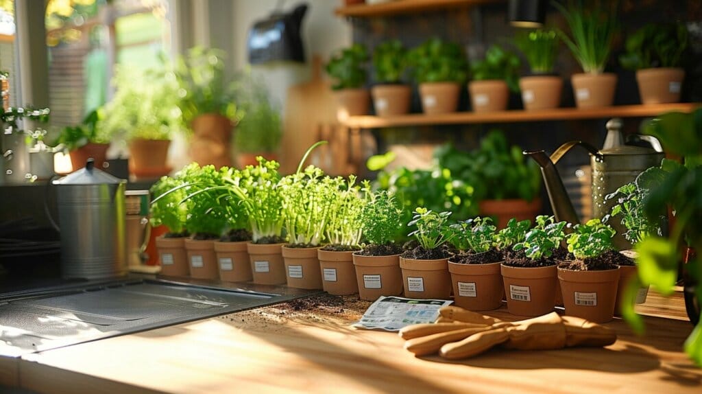 Sunny windowsill with pots of green onion seedlings.