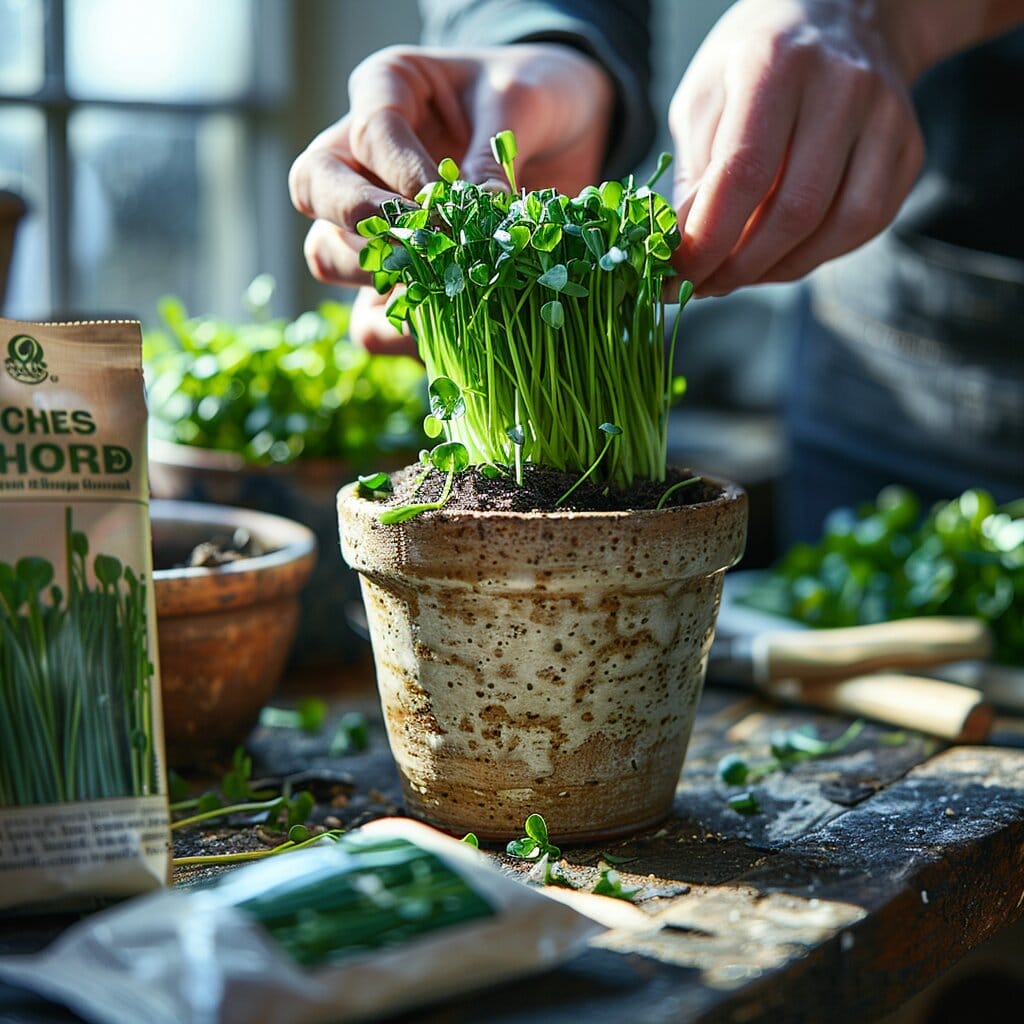 Sunny windowsill with pots of green onion seedlings