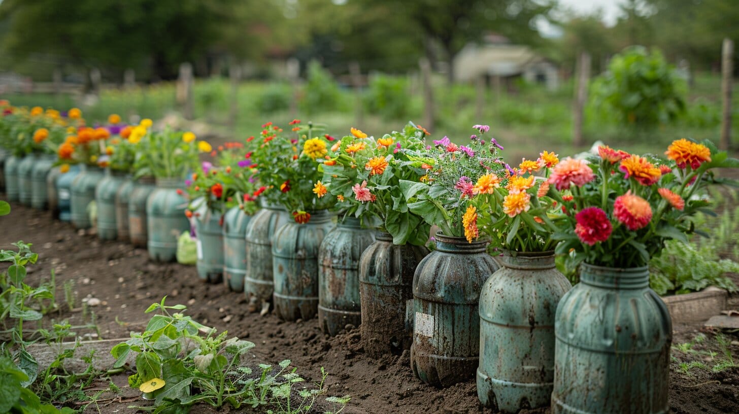 Sustainable garden with repurposed milk jug planters.