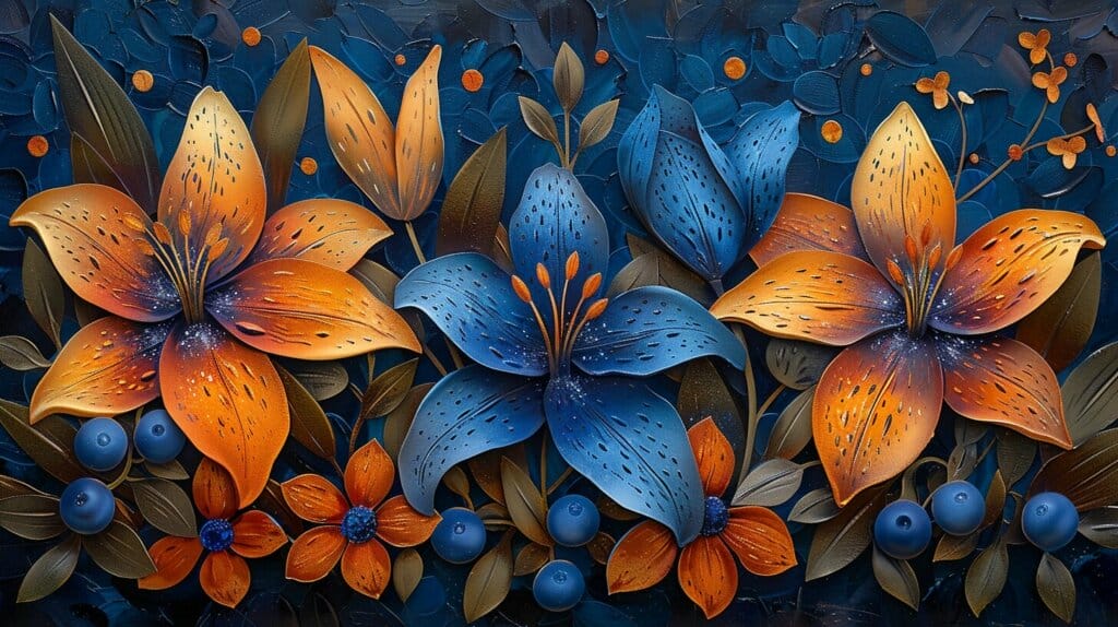 Tiger Lily and Blue Lily flowers in a lush garden.