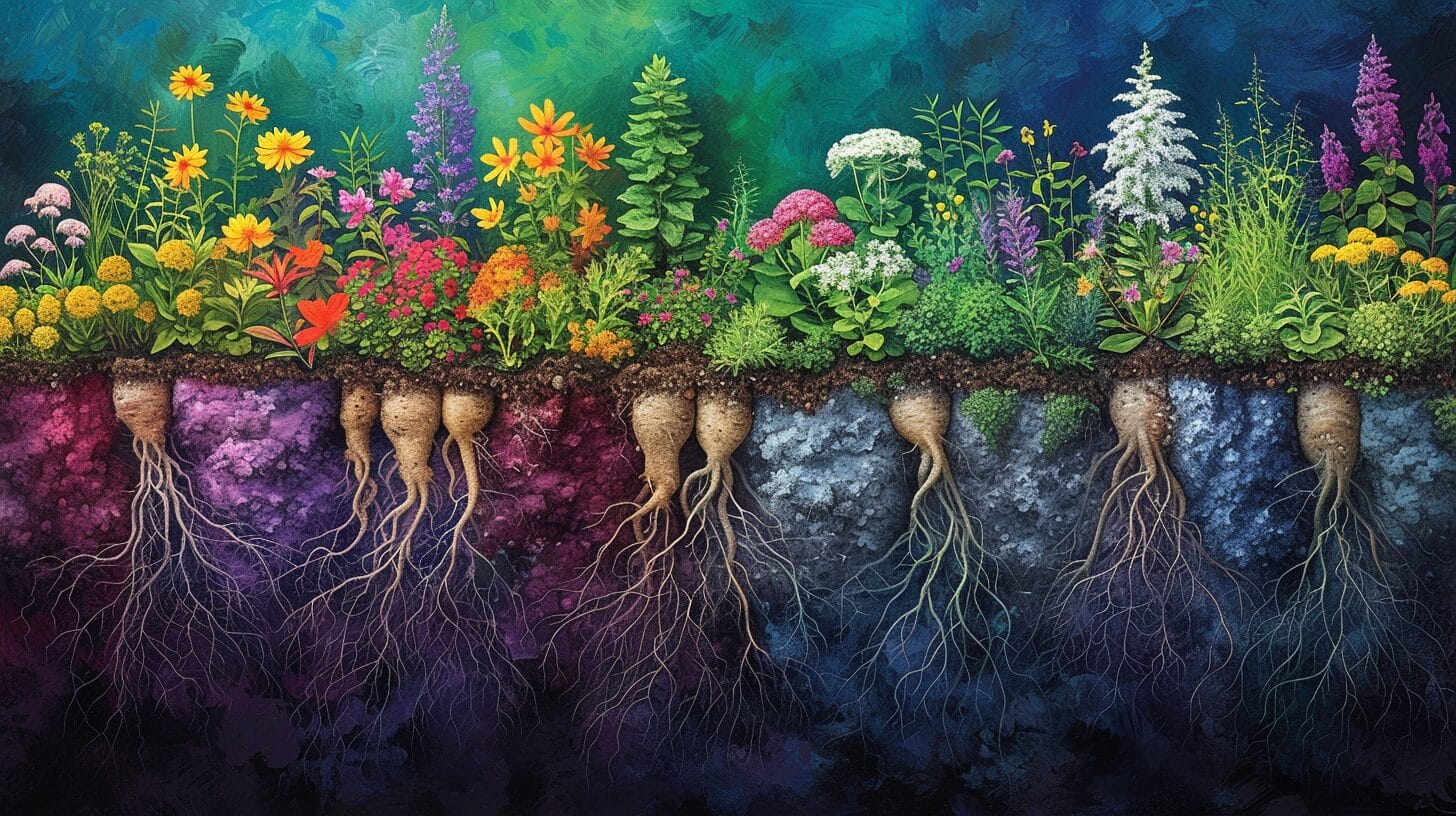 Underground view of taproot systems of carrot and dandelion plants.