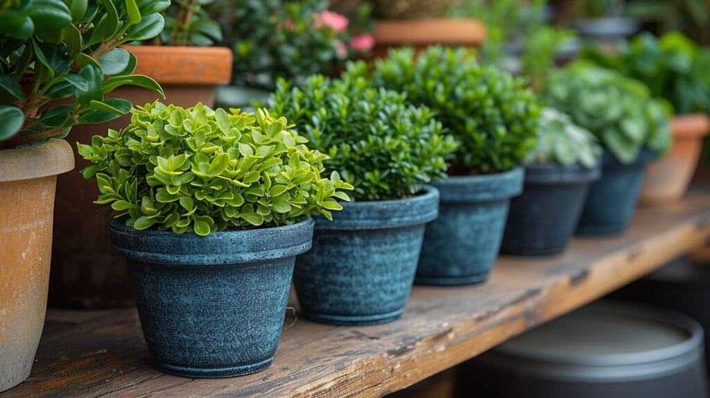 A vibrant container filled with healthy boxwoods growing in rich, well-draining soil.