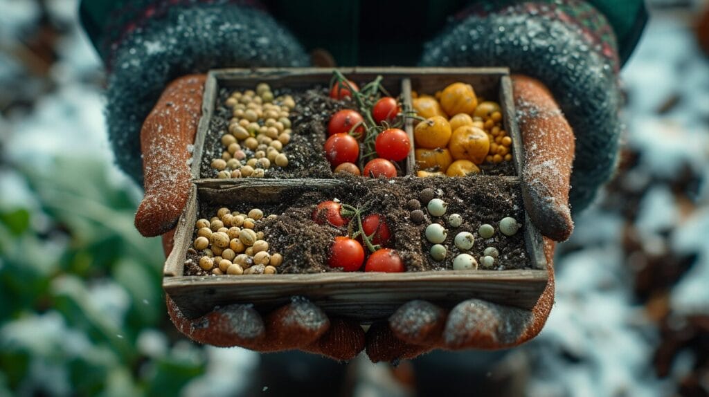Hands holding a seed tray with winter-sowing varieties, against a snowy backdrop.