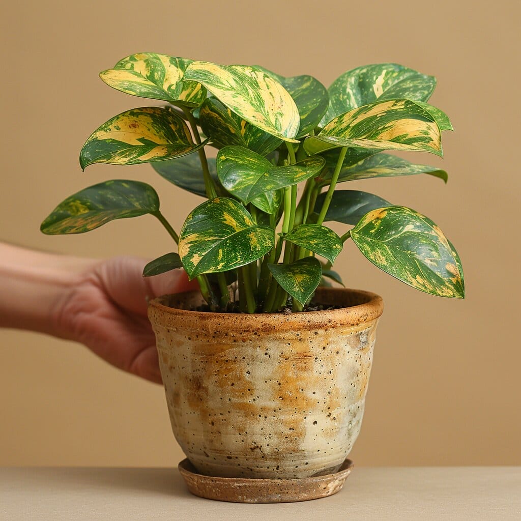 Vibrant Zebra Plant with yellowing leaves in a pot, being removed for inspection.