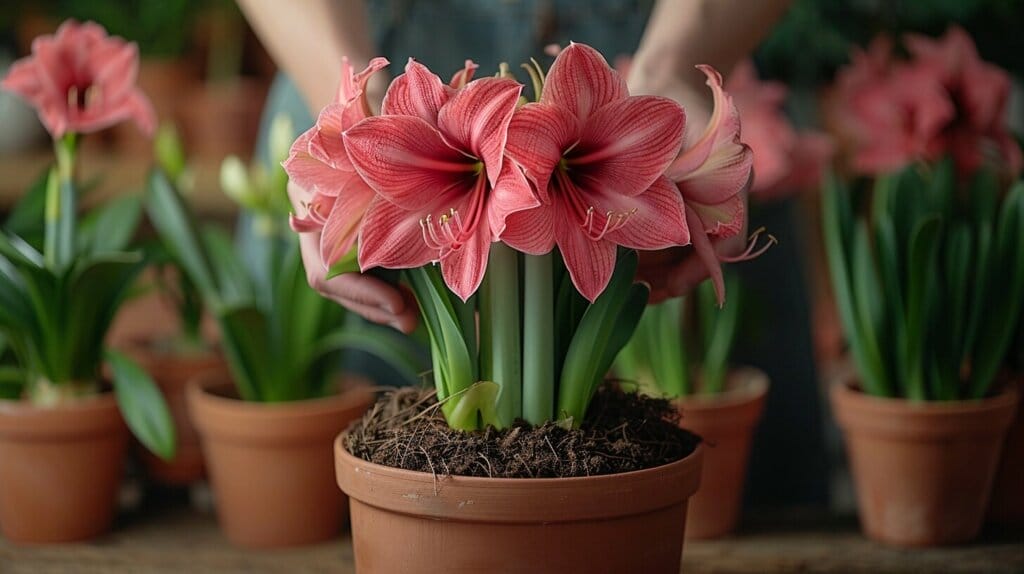 Vibrant amaryllis bulb with healthy roots in sunlight.