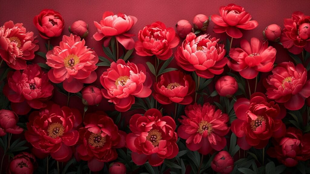 Vibrant bouquet of red peonies in full bloom.