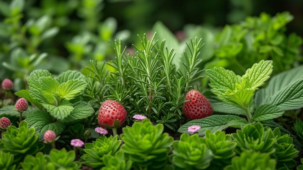 Vibrant container garden of intertwined strawberry and rosemary plants