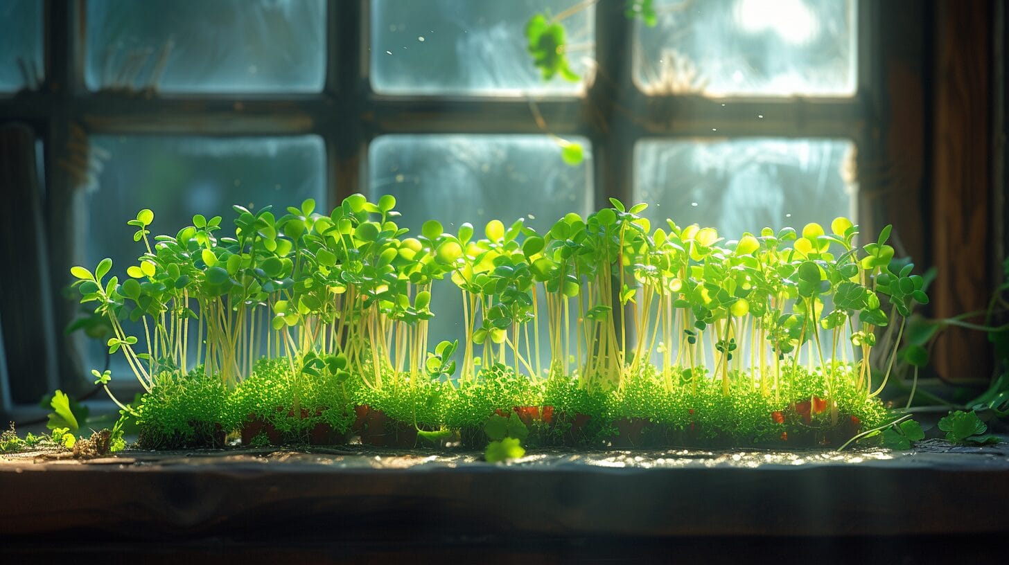 Vibrant microgreens growing on a sunny windowsill, progressing from shoots to lush greens.