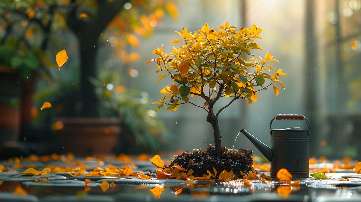 Wilted yellow leaves on lush green money tree with scattered coins.