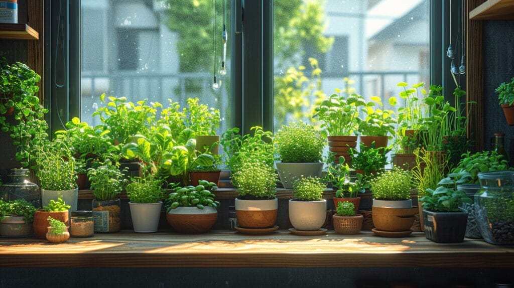 Windowsill scene showing microgreens regrown from kitchen scraps, surrounded by vibrant seedlings.
