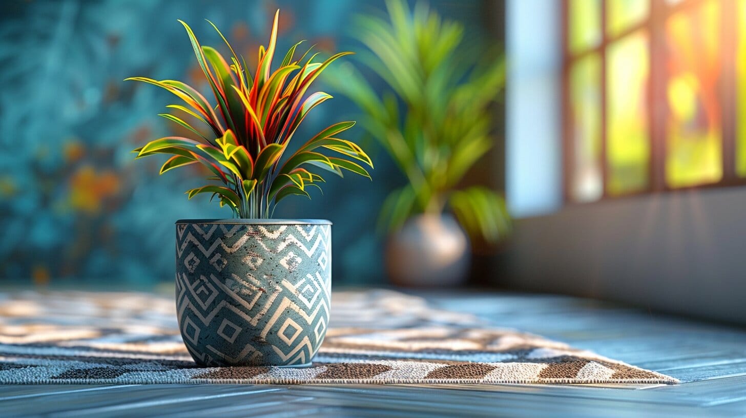Zebra plant in geometric tin can planter in bright, modern interior.