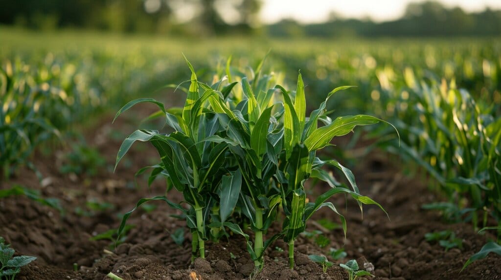 Corn plant with yellow leaves in sunlight