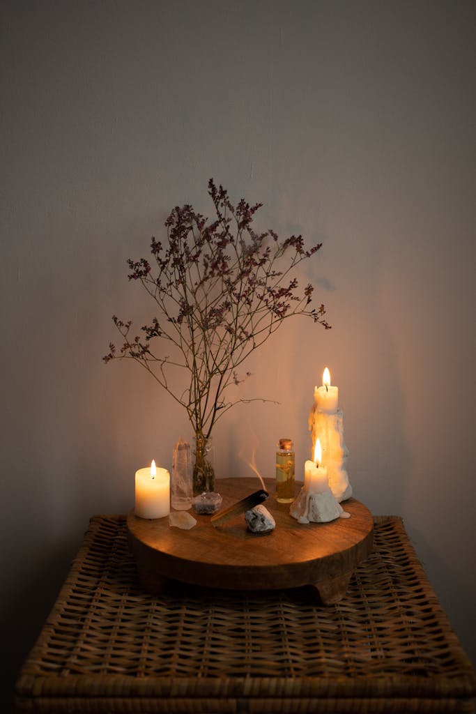 A candle and a small plant on a table